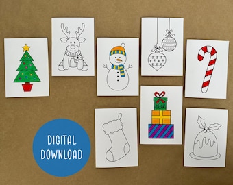 May include: Set of eight printable Christmas coloring pages featuring a Christmas tree, reindeer, snowman, ornaments, candy cane, stocking, presents, and a Christmas pudding.
