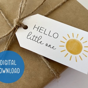 Printable Newborn Baby Gift Tag Digital Download Hello Little One Baby Shower Present Tag Cute Boho Sun with Watercolour Effect image 1