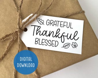 Printable Thanksgiving Gift Tag | Grateful Thankful Blessed | Digital Download | Thankful Present Label | Simple Modern Design | Fall Leaves