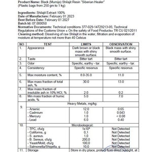 May include: Certificate of Analyses for Black Shilajit Resin "Siberian Healer" with a table listing the test, limits, and observation results. The product complies with the above specification.  The document is signed by Darmokrik Mikhail, Director, Quality Control, on February 08, 2023.