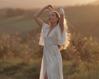 Robe de mariée bohème, robe de mariée kimono, robe de fuite, robe de mariée bohème, robe de mariée kimono en dentelle