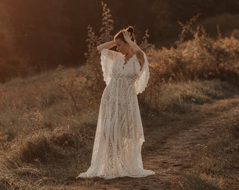 Vestido boho de encaje, vestido de novia boho, vestido boho de maternidad, vestido de novia boho, vestido de encaje de maternidad, vestido para sesión de maternidad 002blanco