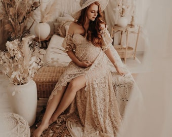 chinese dress ladies See-through 3/4 Sleeves Round Neck Embroidered Bodice Long Maternity Dress main image 1