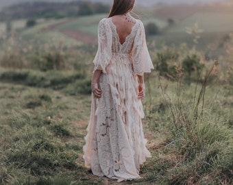 Federn-Hochzeitskleid, Hochzeitskleid, Boho-Hochzeitskleid, Spitzenhochzeitskleid, Elopement-Kleid, Elopement-Kleid, Boho-Hochzeitskleid