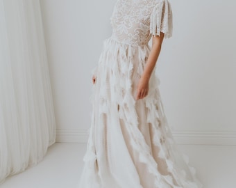 Feathers  wedding dress, wedding dress, bohemian wedding dress, lace wedding dress, elopement dress, elopement gown, boho wedding gown