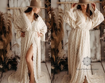 Beige Lace Boho Dress: Vintage Clover Gown - Etsy