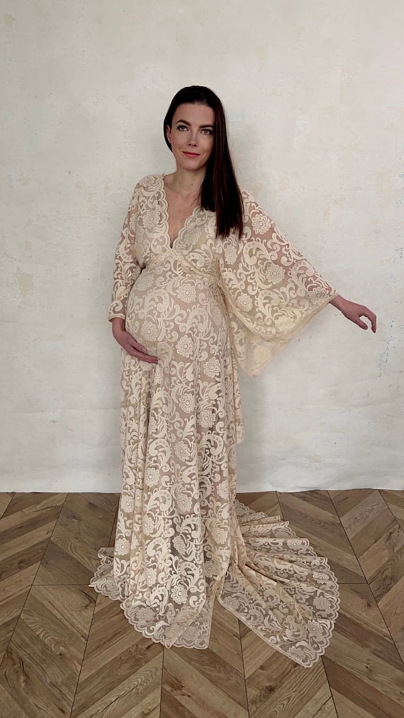 Kimono Women's Boho Dress | Lace Vintage Dress for The Maternity Session | Photo Props | Pregnancy Photo Shoot Dress/ Gown for Photo Shoot