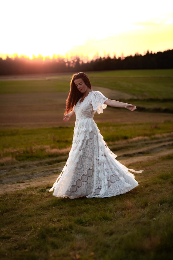 chinese dress ladies Ever-Pretty Double V Neck Lace Ruffle Sleeves Wedding Dress main image 0