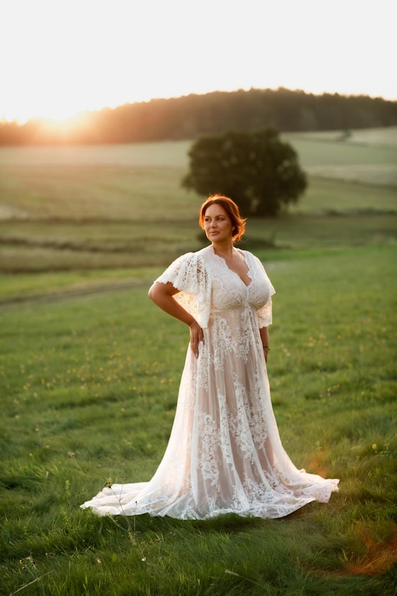 wedding dresses with lace sleeves and back Ivory Tulle A-line Wedding Dress - Open Back Floral Lace Wedding Dress - Long Sleeve Wedding Gown Plus Size main image 1