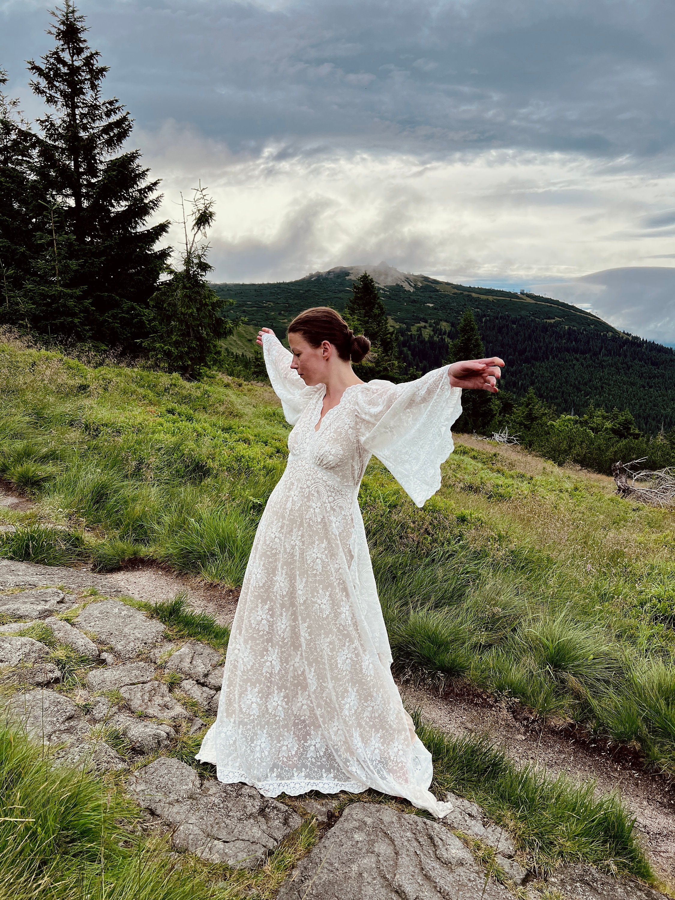 simple cotton wedding dress Rustic Raw Cotton Boho Wedding Dress: Tiered Poet Sleeves - Stella
