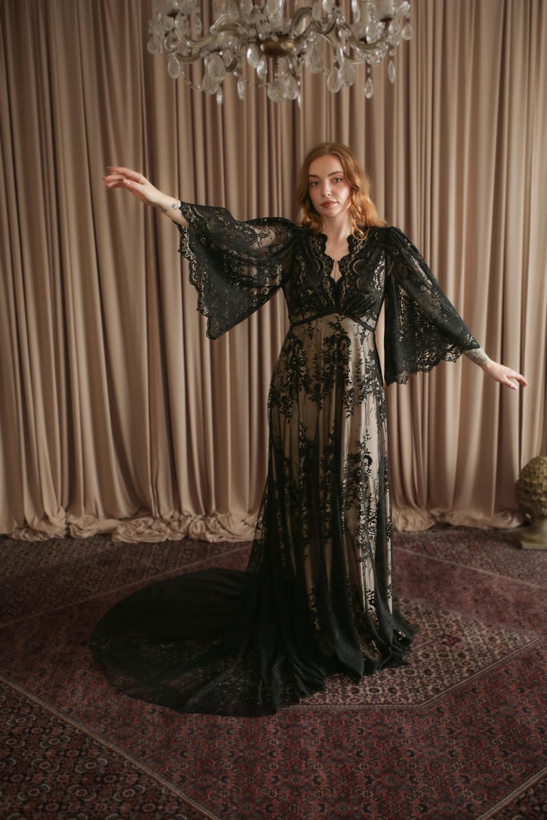 Black Wedding Dress – Gothic Lace Bridal Gown | Boho Bell Sleeve ...