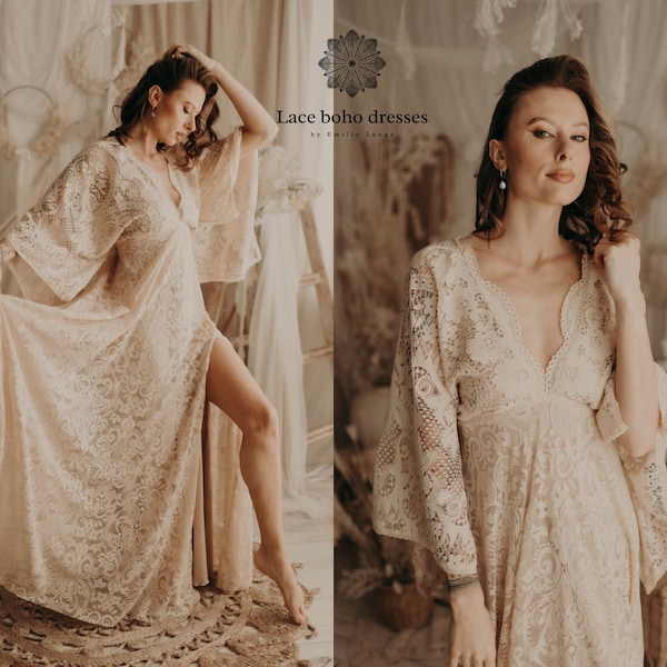 Boho wedding dress/ Bohemian wedding gown/ boho elopement dress/ vintage lace wedding dress