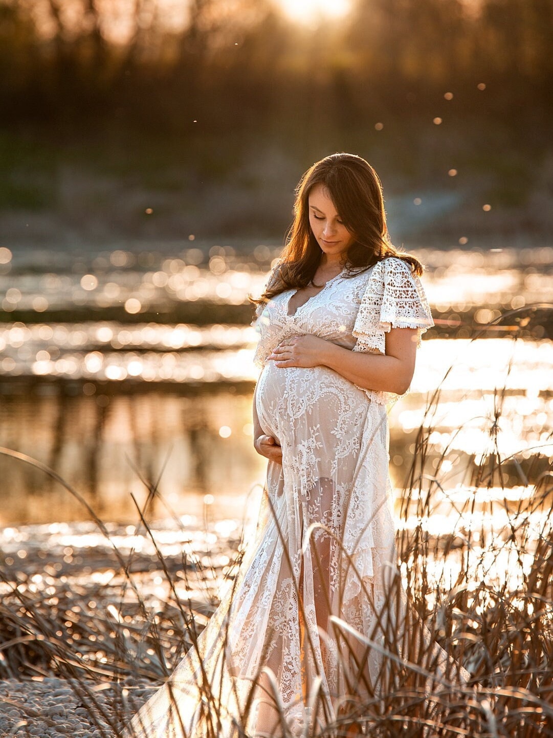 lace bohemian maternity dress Lace Women's Split Maternity Dress Boho Maxi Dress V-Neck Pregnant Dresses Photography Baby Shower Collar with Lace Patten Khaki at Amazon Women's Clothing store