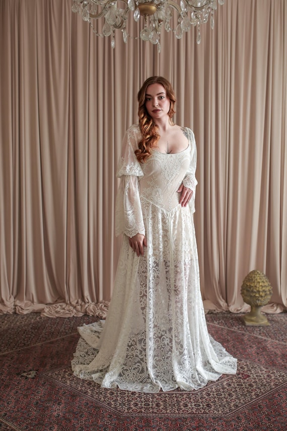 Victoria Convertible Boho Lace Wedding Dress - Two-in-One Gown with Detachable Train | Rustic Bridal Dress | Romantic Long & Short Style