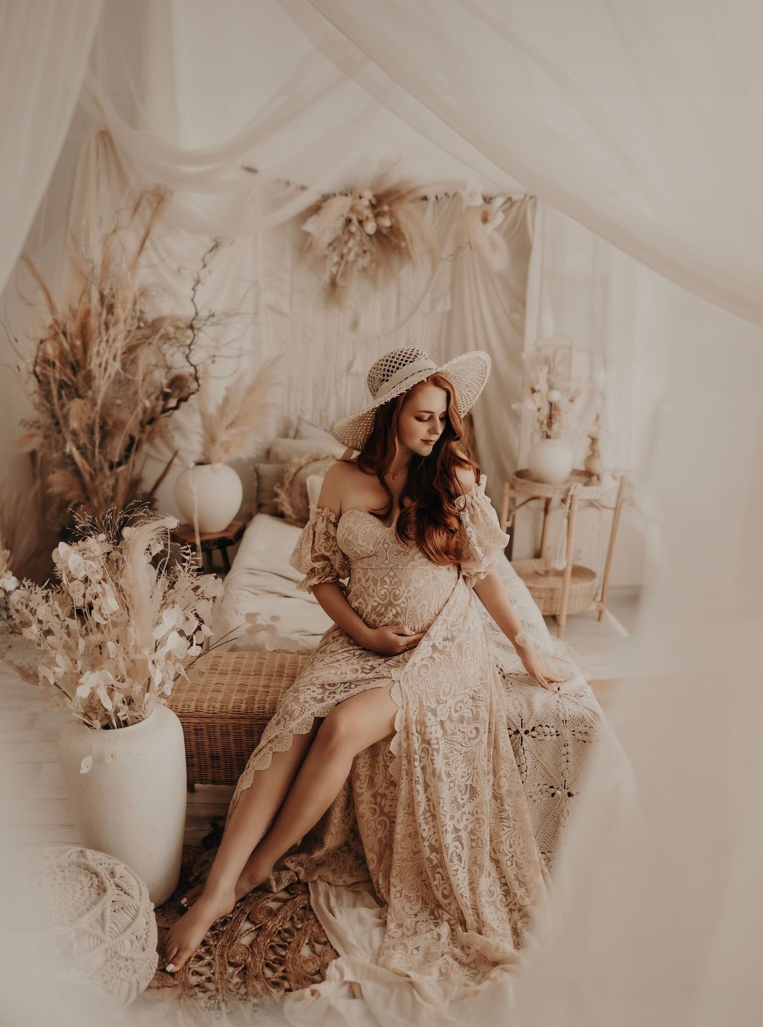 boho maternity photoshoot dress Momyknows Lace Summer Perfect for Outdoor Photoshoots, White / L and natural bohemian style portraits Boho Maternity Photoshoot Dress Sheer