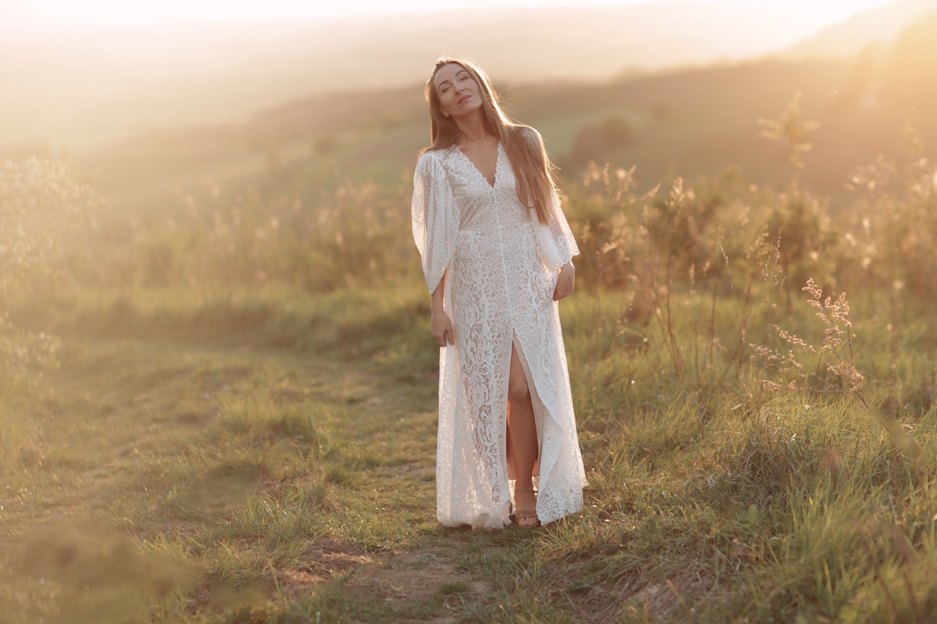 boho kimono wedding dress Boho Wedding Dress, With Short Flutter Sleeves, Elopement Bohemian Lace Wedding Dress, Boho Kimono Style Wedding Dress, Style CLARA
