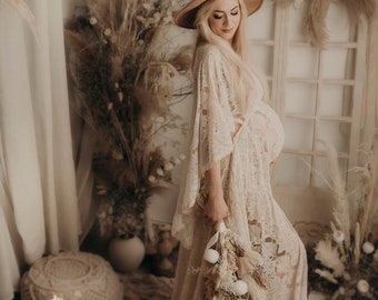 Boho-jurk voor dames met vlindermouwen | Kanten vintage jurk voor de zwangerschapssessie | Foto rekwisieten | Zwangerschapsfotoshoot / B2-ontwerp