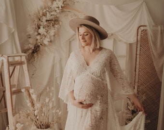 Boho-jurk voor dames met vlindermouwen | Kanten vintage jurk voor de zwangerschapssessie | Foto rekwisieten | Zwangerschapsfotoshoot / B1-ontwerp