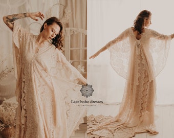 Boho wedding dress/ Bohemian wedding gown/ boho elopement dress/ vintage lace wedding dress