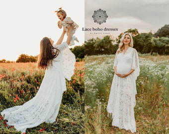 Butterfly sleeves Women's Boho Dress | Lace Vintage Dress For The Maternity Session | Photo Props | Pregnancy Photo Shoot/ photo prop dress