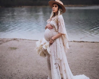 Butterfly sleeves Women's Boho Dress | Lace Vintage Dress For The Maternity Session | Photo Props | Pregnancy Photo Shoot/ B2 design