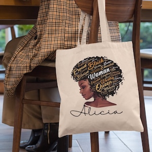 Custom Black Woman Canvas Tote Bag, Black Girl Magic, Personalized Afro Woman Gift, Women Afrocentric, Black Queen Melanin Bag, Gift for Her