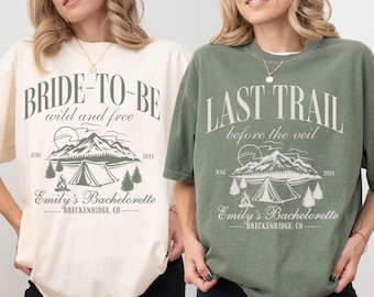 Camping Bachelorette Shirts, Custom Camp Bachelorette Party Shirts, Last Trail Before The Veil, Mountain Bridal Party Tees, Lake Hiking Bach