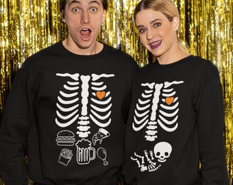 Halloween Maternity Sweatshirt, Funny Skeleton Baby Matching Pregnancy Announcement Shirt for Couple, New Mom and Dad To Be Pregnant Costume