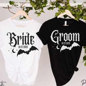 Spooky Bride and Groom Shirt, Custom Halloween Wedding Shirts, Just Married Gifts, Mr and Mrs TShirt, Couple Honeymoon Outfits, Engaged Tee