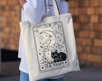 The Moon Cat Tote Bag Aesthetic Magic Tarot Card, Cute Eco Friendly Witchy Celestial Tote Goth Print Shoulder Bag Artsy Gifts for Cat Lovers