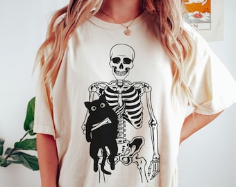 Skeleton and Cat Shirt, Funny Black Cat Halloween Shirt, Spooky Cat Mom Comfort Colors Tee, Gifts for Cat Lovers, Fall Season Cat Dad TShirt