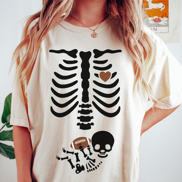 Comfort Colors® Football Pregnancy Announcement Shirt, Skeleton Halloween Maternity T-Shirt, Future Sports Fan Tee, Fall Gift for New Mom