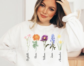 Custom Birth Month Flower Sweatshirt, Personalized Mothers Day Gift, Mom Shirt With Names, Cottagecore Sweater, Plant Mama, Grandma Hoodie
