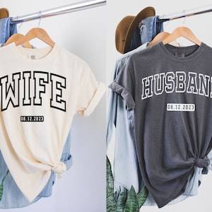 Custom Wife and Husband Shirt, Comfort Colors Wedding Party Shirts, Just Married Gifts, Couple Honeymoon Outfits, Customized Engagement Gift