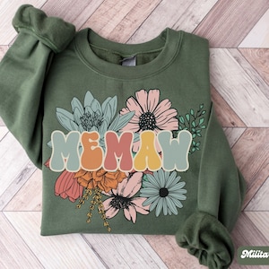 Retro Floral Memaw Sweatshirt, Custom Mothers Day Gift for Grandma from Grandkids, Cute Promoted to Memaw Sweater, Mimi Birthday TShirt