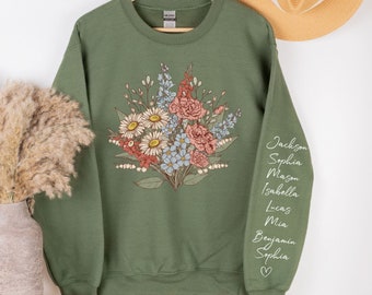 Custom Birth Month Flower Bouquet Sweatshirt With Names on Sleeve, Personalized Gift for Mom, Grandma Shirt, Mothers Day Gift for Plant Mama