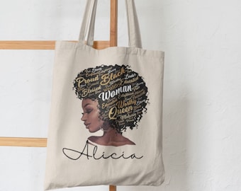 Custom Black Woman Canvas Tote Bag, Black Girl Magic, Personalized Afro Woman Gift, Women Afrocentric, Black Queen Melanin Bag, Gift for Her