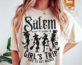 Comfort Colors Girls Trip Halloween Shirts, Vintage Witch TShirt, Witchy Bachelorette Party Shirts, Retro Fall Salem Massachusetts T-Shirt