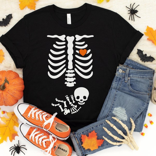 Halloween Maternity Shirt, Skeleton Baby T-Shirt, Funny New Mom Pregnancy Announcement Reveal Tee, Cute Mama to Be Pregnant Woman Costume