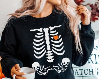 Skeleton Halloween Maternity Sweatshirt, Funny Twin Pregnancy Announcement Shirt, Pregnant Women Costume, Fall Twins Mom Sweater Mama to Be