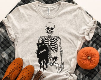 Skeleton and Cat Shirt, Black Cat Halloween TShirt, Spooky Cat Mom T-Shirt, Gothic Gifts for Cat Lovers, Cat Dad Tee, Womens Fall Season Tee