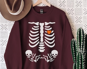 Skeleton Halloween Maternity Sweatshirt, Funny Twin Pregnancy Announcement Shirt, Pregnant Women Costume, Fall Twins Mom Sweater Mama to Be