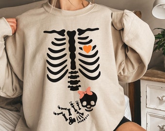 Skeleton Halloween Maternity Sweatshirt, New Baby Girl Pregnancy Announcement Shirt 2023, Pregnant Women Costume, Mom Sweater, Mama to Be