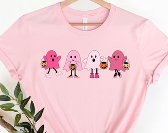 Pink Ghost Shirt, Pink Halloween Costume, Cute Ghosts Shirts, Trendy Spooky Season Tee, Breast Cancer Awareness Gift, Women's Fall T-Shirt