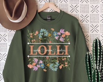 Custom Lolli Sweatshirt With Kids Names, Personalized Grandma Sweater, Grandkids Name, Lolli To Be Gift, Floral Pregnancy Announcement Tee