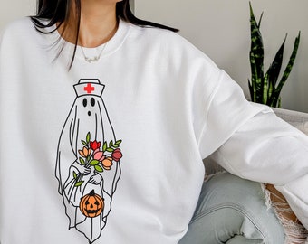 Nurse Halloween Sweatshirt, Cute Nurse Ghost Sweater, Trick or Treat Shirt for Nurses, Nurse Fall Crewneck, Pumpkin Season Autumn T-Shirt