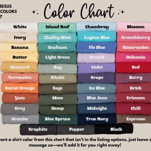 May include: Colour chart displaying 36 different t-shirt colours. The colours are arranged in columns and labelled with names such as White, Island Reef, Chambray, Blossom, Ivory, Banana, Chalky Mint, Seafoam, Lagoon Blue, Crunchberry, Flo Blue, Watermelon, Butter, Light Green, Orchid, Heliconia, Mustard, Bay, Violet, Red, Terracotta, Khaki, Grape, Berry, Burnt Orange, Sage, Ice Blue, Brick, Yam, Moss, Blue Jean, Crimson, Grey, Hemp, Midnight, Chili, Granite, Blue Spruce, True Navy, Espresso, Graphite, Pepper, and Black.