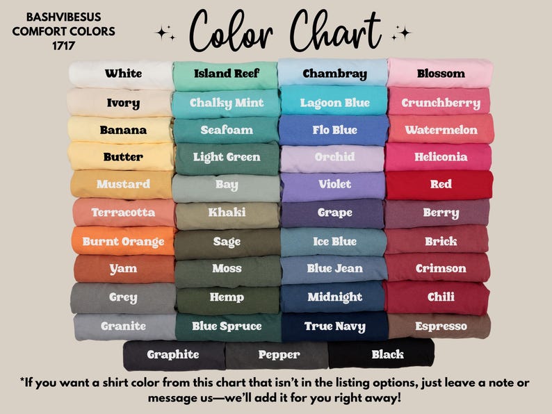 May include: Colour chart displaying 36 different t-shirt colours. The colours are arranged in columns and labelled with names such as White, Island Reef, Chambray, Blossom, Ivory, Banana, Chalky Mint, Seafoam, Lagoon Blue, Crunchberry, Flo Blue, Watermelon, Butter, Light Green, Orchid, Heliconia, Mustard, Bay, Violet, Red, Terracotta, Khaki, Grape, Berry, Burnt Orange, Sage, Ice Blue, Brick, Yam, Moss, Blue Jean, Crimson, Grey, Hemp, Midnight, Chili, Granite, Blue Spruce, True Navy, Espresso, Graphite, Pepper, and Black.