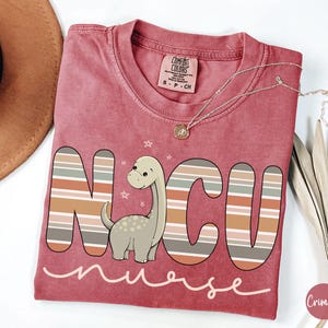 May include: A red t-shirt with a striped design and a cartoon dinosaur. The shirt says "NCU nurse" in a pink script font.