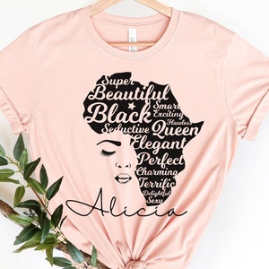 Custom Black History Month Shirt for Women, Afro Woman TShirt, Personalized Black Mom Gifts, Black Queen Shirt, Black Owned Shops Clothing Heather Peach